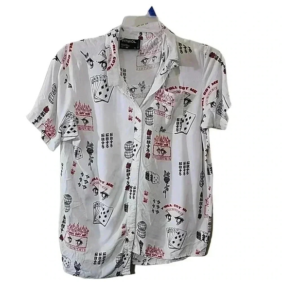 VITRIOL Caedia Allover Anime Print White Short Sleeve Button Up Shirt. Size Medi - Picture 2 of 7